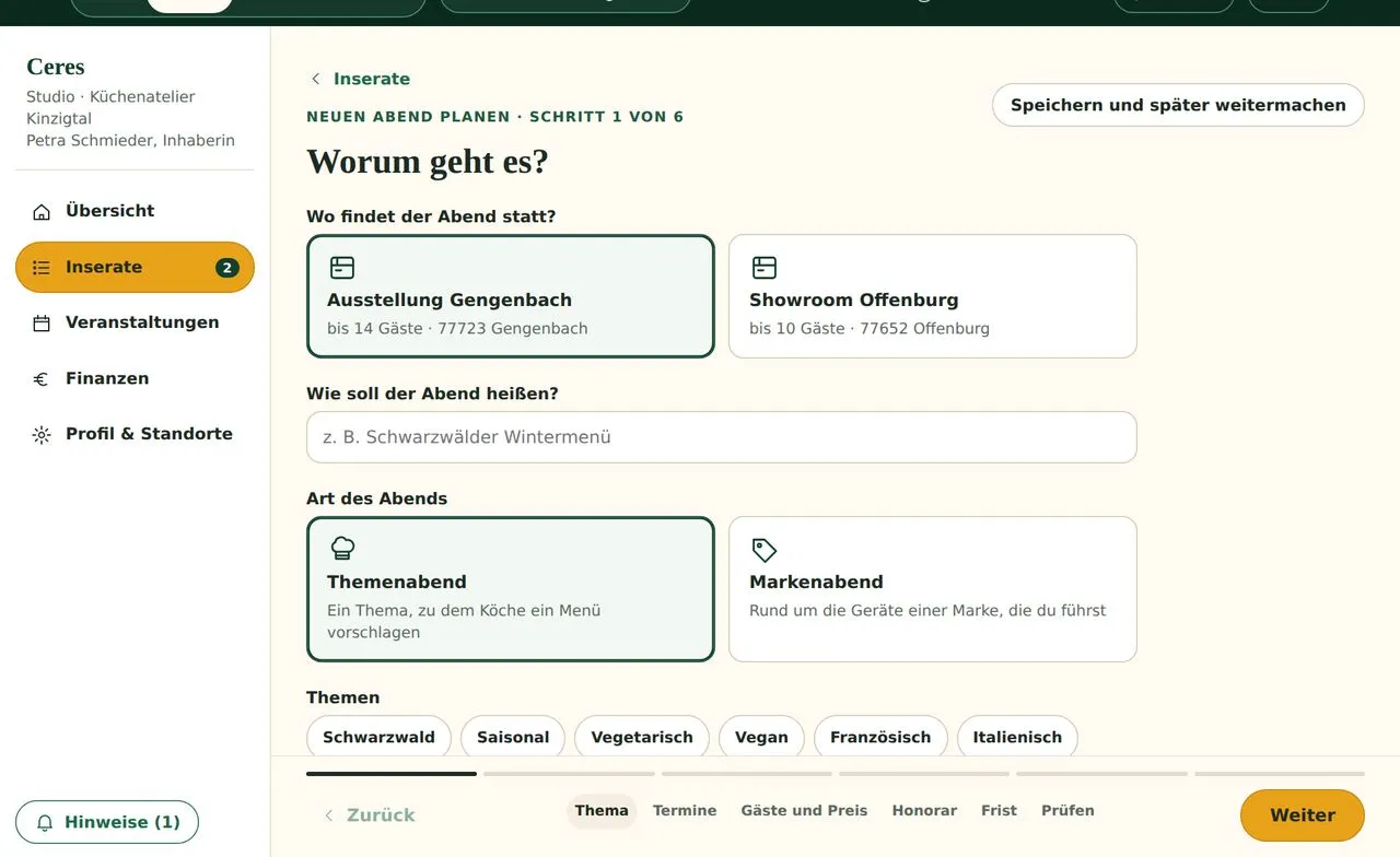 Neuen Abend planen, Schritt 1 von 6