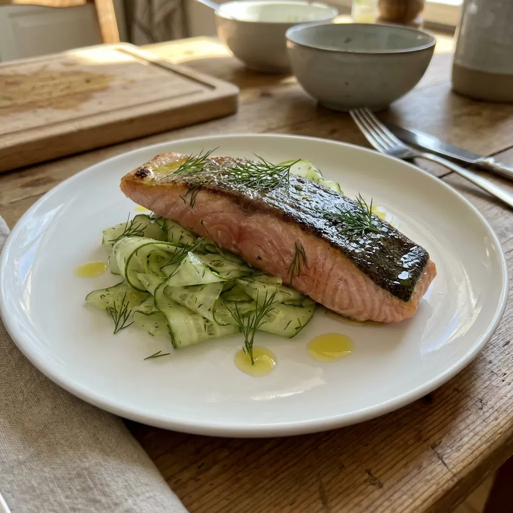 Lachs auf Gurken und Dill mit Rieslingsoße