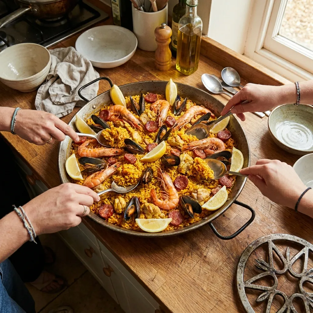 Paella mit Garnelen und Muscheln