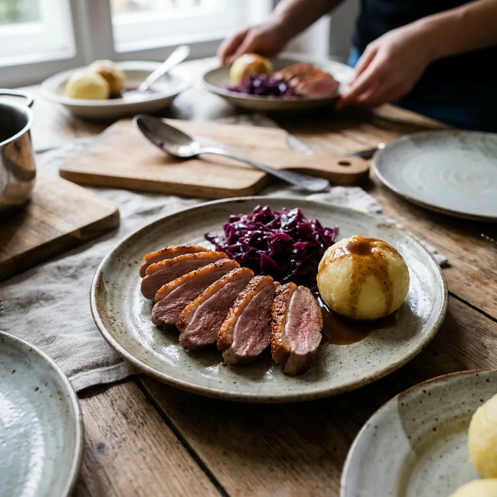 Entenbrust mit Rotkraut und Kartoffelklößen